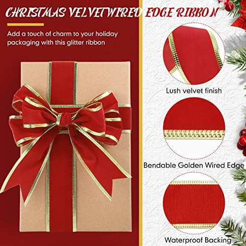 50 јарди Божиќна црвена кадифена лента жичен 1,5 инчен црвен кадифе со златен раб кадифена водоотпорна лента за подароци за завиткување лак