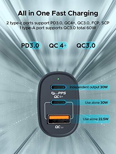 USB C Car Charger 60W Key Power Power Fast Car Carme Adapter USB-C CAR CALGER-Двојни USB-C и USB-A порти со 30W & 22.5W компатибилен