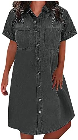 Женски моден краток ракав џеб солидна боја случајна тексас фустан