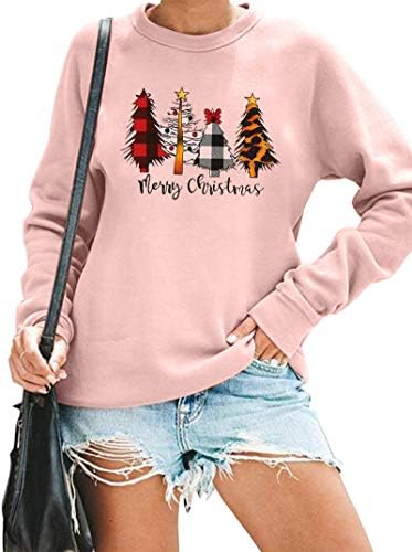 Astanfy Merry Christmas Sweatshirt за жени испуштаат рамо со долги ракави новогодишни елки, лесна кошула
