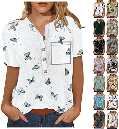Копчиња надолу кошули за жени лабави се вклопуваат женски летни врвови модни гроздобер кошули со краток ракав, обични памучни