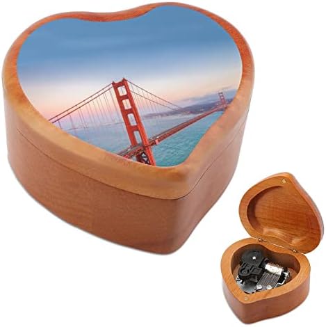 Познатиот мост „Голден Гејт мост“ дрвена музичка кутија ветровито во форма на срцеви музички кутии за роденден на годишнината од в Valentубените