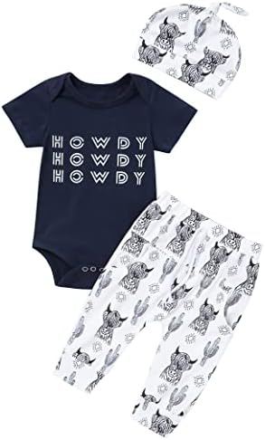 Билисон Западно новороденче облека Облека лето новороденче каубојски облека од кравјо печатење ромпер+панталони+капа 3 парчиња сет