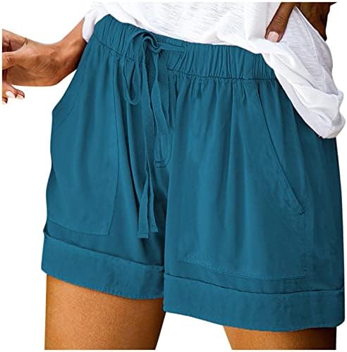 Женски летни обични шорцеви лабави вклопени плус големина удобна влечење на лежерна еластична еластична џеб на половината цврста боја кратки
