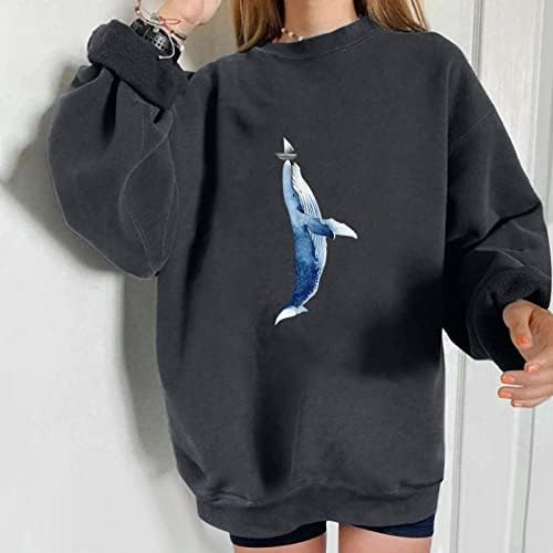 Екипаж џемпери за жени естетски гроздобер кит графички долги ракави пуловер лабаво вклопени преголеми падови џемпери
