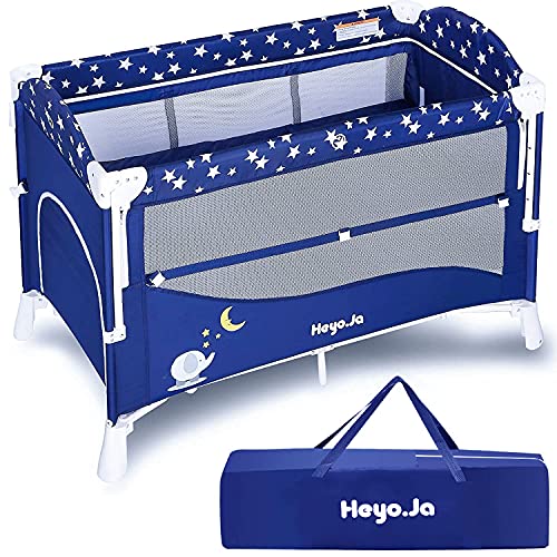 Heo.ja Portable Baby Playard, 4 во 1 кабриолет пакет и игра со басинет, расадник центар со удобен душек, 5 креветче за прилагодување на висината, креветчето за starвезди на небото