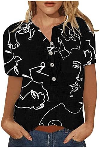 Летни постелнина Хенли кошули за жени со кратки ракави нагоре со v врат маици маици облечени обични селански туники врвови