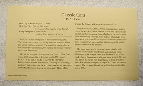 Класични автомобили - 1931 КОРД - 22КТ златен реплика печат/покритие на првиот ден Плус Инфо картичка - Поштенски комеморативно општество, 1988