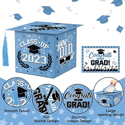 Класа Од 2023 Година Кутија За Картички За Дипломирање Светло Сина Честитки Кутии За Држачи За Картички Во Форма На Капа Со Ресни и 48 ПАРЧИЊА
