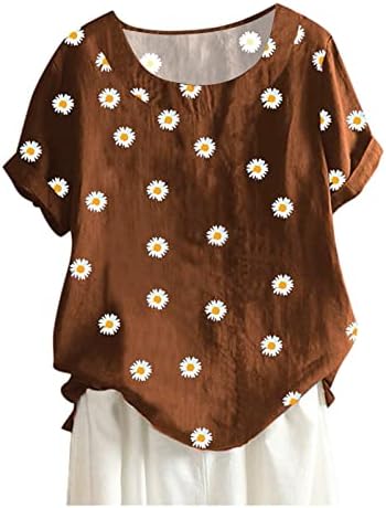 Кошули со памучни постелнини за жени трендовски цветни печати обични врвови со кратки ракави графички маички лабави вклопување плус