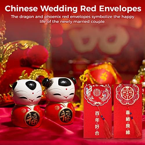 Yhomu Кинески црвени коверти за свадба, 12 парчиња Хонгбао црвени пакувања со змеј Феникс модели ресни, среќни пари, благодарам