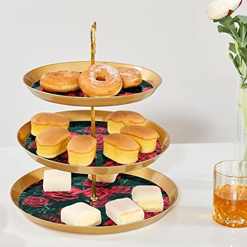 3 штанд за торта, црвени рози десерт кула, пластична држач за кекс на кекс за сервирање за свадба роденденски чај забава за