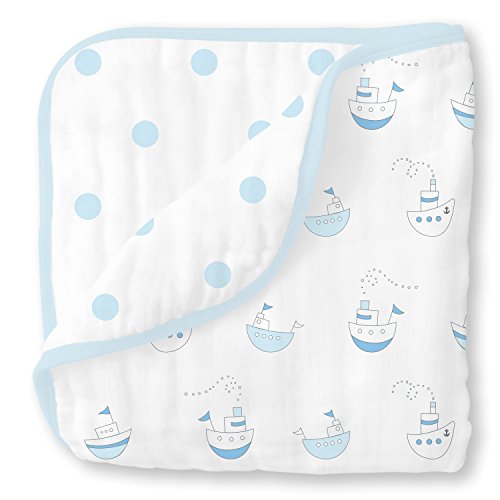 Swaddledesigns 4-слој памук Муслин луксузно ќебе, бебе и дете гушкање и сон, 46х46 инчи, пастелно сини наутички мали бродови и точки