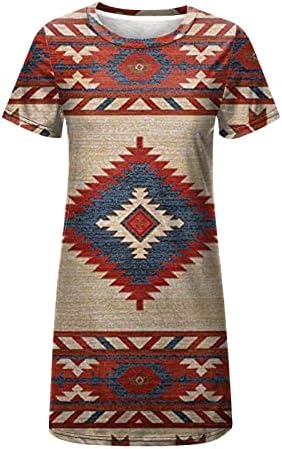 Onените Ацтеки фустани ретро западен етнички принт краток ракав миди фустан летен случајниот лабав фустан на плажа