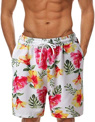 БЕУ ЛЕТСКИ Хавајски плажа шорцеви за мажи, тропски цветни печати за печатење шорцеви за лекови за пливање на празници за пливање