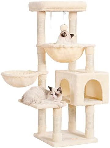 Heybly Cat Tree, Cat Tower за затворени мачки, повеќе нивоа на мебел за мачки со 2 пријатни корпи и гребење на натписи Beige HCT013M