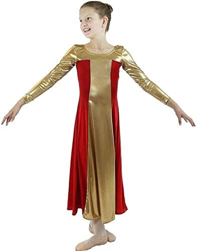 Danzcue девојки металик во боја блок со долг ракав пофалби танц фустан