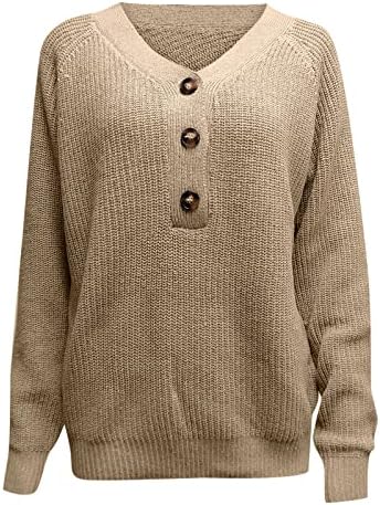 Kulywon Women v врат со долг ракав, копче за џемпер, цврсто плетено моден џемпер за џемпери Менс руно четвртина поштенски патент