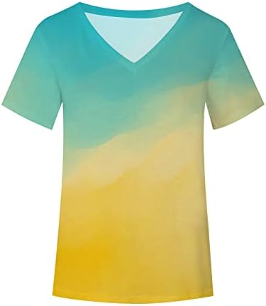 Lutmanенски градиентски летни врвови 2023 V-вратот во боја на кратки ракави маички модни обични маици облечени блузи туники