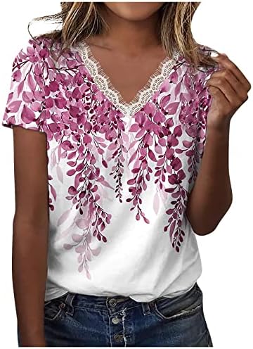 Женски чипка против врвовите на вратот лето цветно печатење маичка горната кратка ракав фустан од блуза кошула случајно лабава вклопена туника