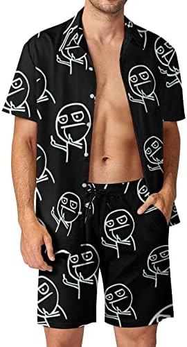 Смешно средно прсти за мажи со 2 парчиња плажа на Хавајски копче надолу со кошула со кратки ракави и костуми за шорцеви