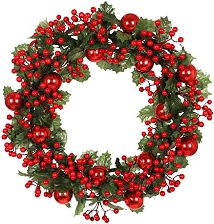 Енхлкм Божиќен венец 50 см со црвено овошје зелени лисја цветна венец за украси за забави од влезната врата од влезната врата