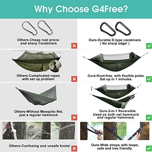 G4free Голем камп за кампување со комарци нето 2 лица, pop-up падобранска лесна висечка хамакови, ленти од дрвени дрвени ленти