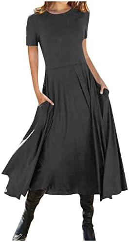 Облека за концертни концерти за жени, женска мода летна цврста боја со кратки ракави џеб фустан за пулвер