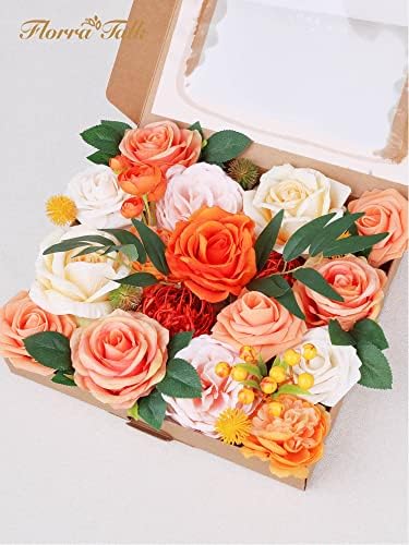 Флора разговор вештачки портокалови цвеќиња комбо изгорени портокалови лажни цвеќиња портокалови рози кутија поставена за DIY свадбени букети