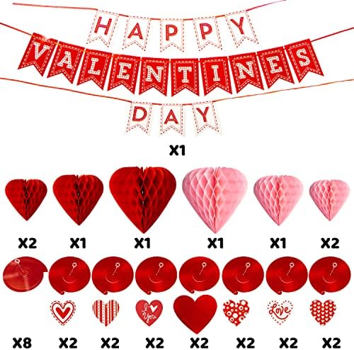 ЏОЈИН 31 Парчиња Комплет За Украсување На Денот На Вљубените со 1 Банер За Среќен Ден На Вљубените, 8 Вител Од Фолија, 14 Висечки Вител Со Приврзок