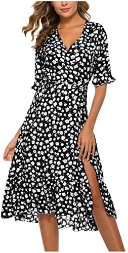 Wpoumv boho фустани за жени цветни печати половина ракав против вратот фустан летен случајен слој фустан моден проток макси фустан