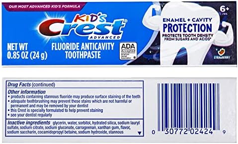 Crest деца напредна емајл за паста за заби + заштита на шуплината со флуорид за антикавилност, големина на патување 0,85oz - пакет од 10