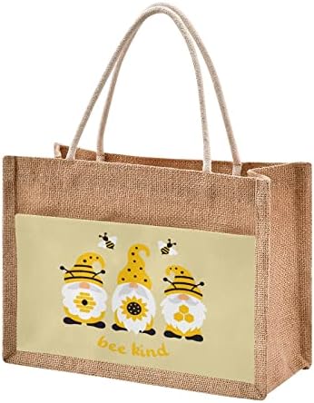 Cataku gnome сончоглед со пчели смешни торбички торбички со рачки и патент јута торби платно џеб шопинг намирници торбички торбички торби