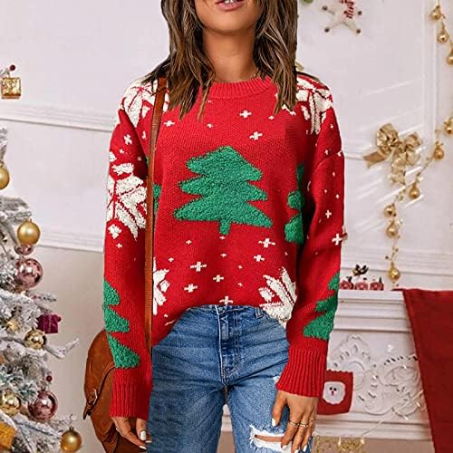 Среќни Божиќни џемпери за жени кратки тркалачки врат долг ракав Божиќна шема Дневен обичен џемпер за пулвер