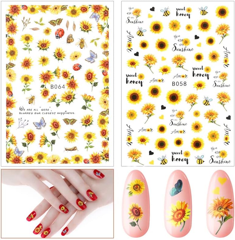 24 листови налепници за уметност од сончоглед на ноктите, сончогледни нокти, цветни цветни нокти налепници за само-леплици налепници