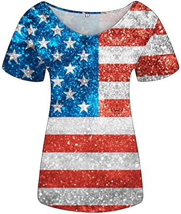 Трендовски врвови за жени кратки ракави САД Ден на независност Печатен V вратот на вратот лабава основна кошула за блуза Обични