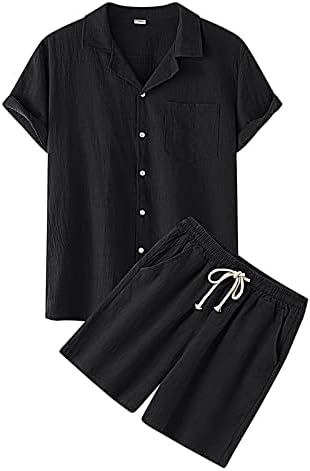 XXBR машки 2 парчиња облеки поставува летни кратки ракави копче надолу кошули памучни постелнина шорцеви одговара на плажа обичен сет