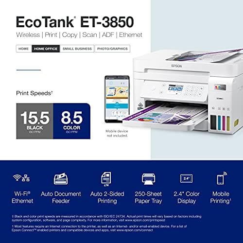 Epson EcoTank ET-3850 Безжична Боја Се-Во-едно Кертриџ-Слободен Супертанк Печатач Со Скенер, Копир, ADF И Ethernet-Совршен Печатач