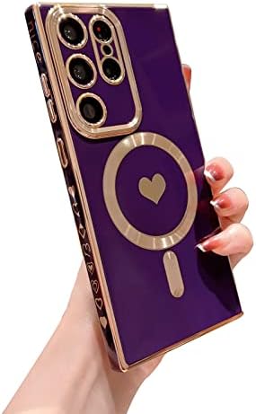 Омио Магнетна Кутија За Samsung Galaxy S23 Ултра Компатибилен Со MagSafe, Луксузна Симпатична Позлата Loveубовен Страничен Раб Мала Љубовна