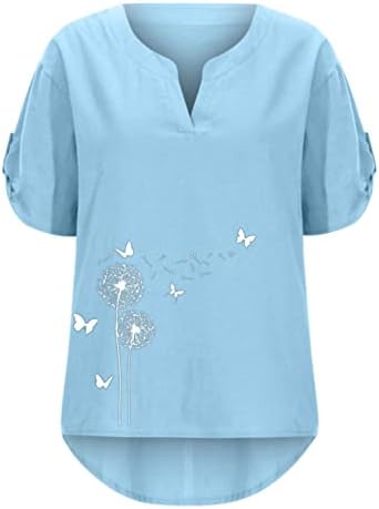 Женски врвови летни жени кратки ракави против вратот цветниот печатен памучен постелнина врвна маица обични кошули со блуза долга долга