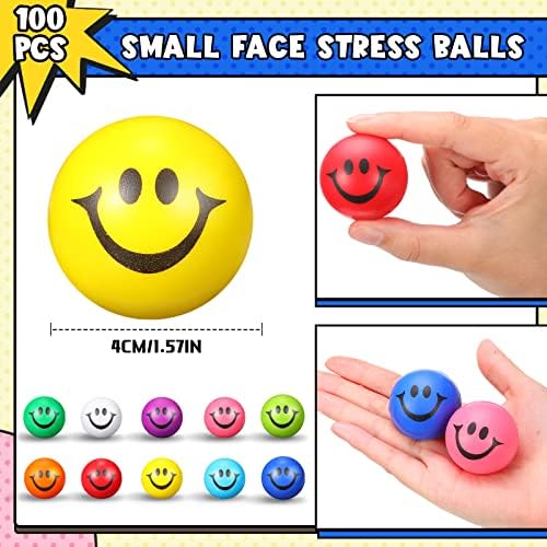100 парчиња мини насмевка на лицето Стрес топки 1,57 инчи обоени стрес топки во рефус мека пена смешна топка за лице, мали топки за олеснување