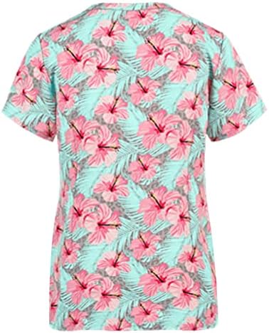 Летни врвови за жени врзани боја печати кратки ракави џебни маици лабави удобни v вратот туничен блузи пулвер