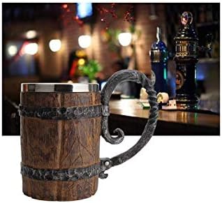 Дрво имитација барел чаша пиво од не'рѓосувачки челик, пиратски викиншки чаша фантазија Средновековна таверна дрвена танкер за бар ресторан