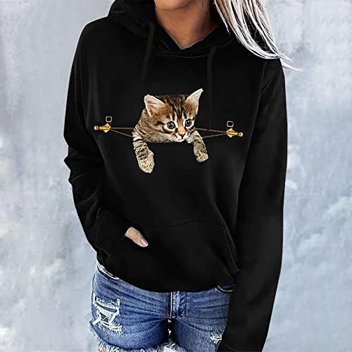 3Д мачка со маички за печатење со жени Симпатична пукачка мачка epingиркање мачка графичка мета ретро -обични дуксери џебни џебни