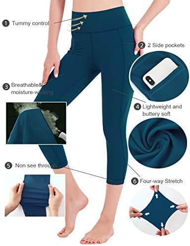 Axeaseенски женски високи половини капри јога панталони со џебови Контрола на стомакот, кој работи со јога хеланки Атлетски хеланки