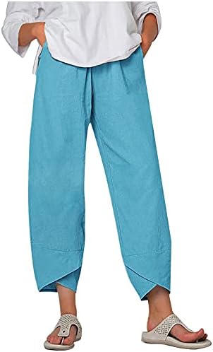 Харпил Постелни панталони за жени, летни обични џебови памучни постелнини широки нозе влечење еластична половината Каприс култури панталони