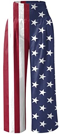 4 -ти јули памучни постелнини широки панталони за нозе за жени во САД знаме ги разгали еластичните панталони со широк половината со