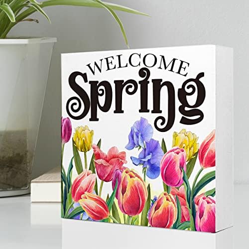 Декор на пролетно биро, добредојде пролетно лалење цветно дрво знак за декор, рустикални цвеќиња од лалиња пролетно дрво блок -кутија знак за