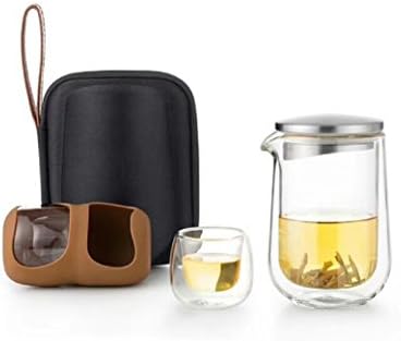 Кугуо Пренослив Патувачки Двоен Ѕид Стаклен Чај Со Изолиран Стаклен Чајник и 2 Изолирани Стаклени Чаши
