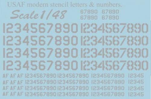 Скала за печатење 48-004 - 1/48 УСАФ Модерни Матрица букви &засилувач; Броеви Сива, Влажни Налепница